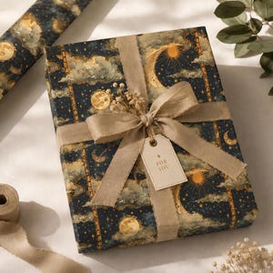 Celestial Gift Wrap With Moon Clouds Stars Sun, Vintage Lunar Present Wrapping, Dark Academia Night Sky Decor