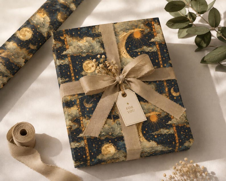 Celestial Gift Wrap With Moon Clouds Stars Sun, Vintage Lunar Present Wrapping, Dark Academia Night Sky Decor