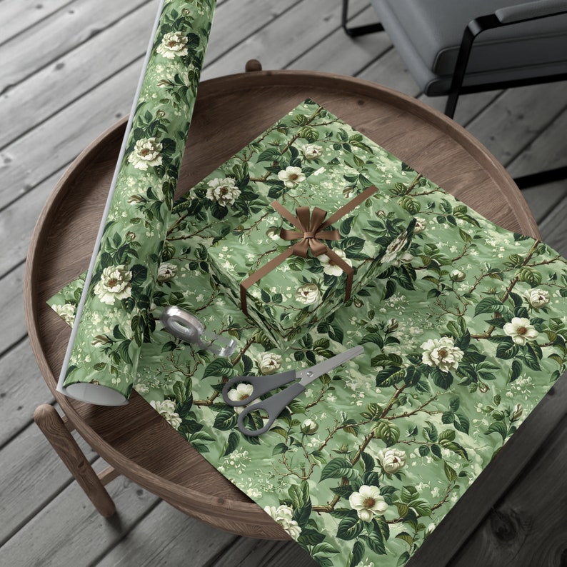 Sage Green Floral Wrapping Paper, Vintage Botanical Gift Wrap, Elegant Cottagecore Garden Party Decor image 4