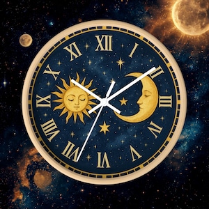 May include: Round wall clock with a celestial design. The clock face features a dark blue background with a sun and moon illustration, Roman numerals, and star accents. The clock has a cream-colored frame and white clock hands.