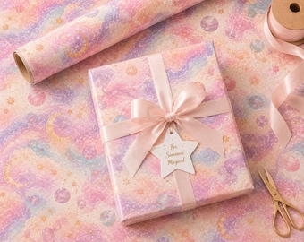 Dreamy Celestial Gift Wrapping Paper, Pastel Galaxy Wrapping Paper, Moon Star Rainbow Wrap, Magical Whimsical Pink Coquette Gift Wrap
