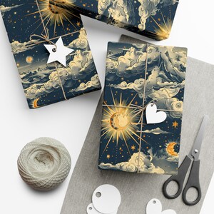 Whimsical Celestial Gift Wrapping Paper, Retro Sun Moon & Clouds Gift Wrap image 2