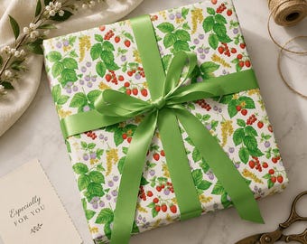 Berry Garden Wrapping Paper, Strawberry Gift Wrap, Cottagecore Wrapping Paper, Botanical Gift Wrap Roll, Raspberry Boho Gift Wrap