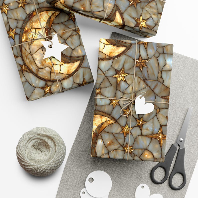 Celestial Moon & Stars Wrapping Paper | Stained Glass Motif Gift Wrap image 7