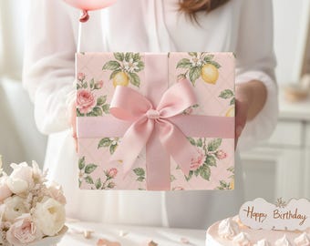 Pink Roses Lemons Gift Wrap Paper, Romantic Floral Cottagecore Wedding Stationery