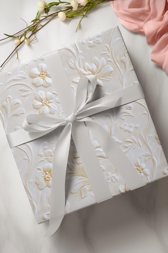 White Floral Gift Wrapping Paper, Vintage Elegant Wedding Present Wrap