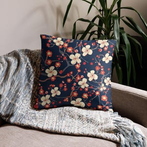 Navy Cherry Blossom Throw Pillow;  Premium Pillow