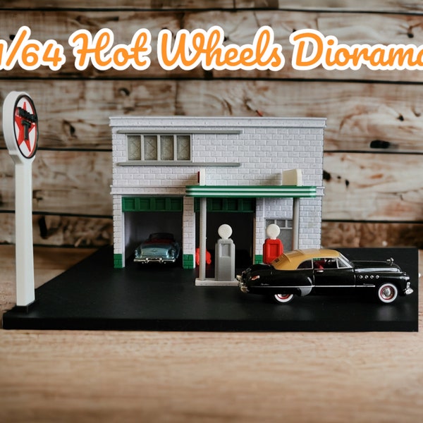 1/64 Hot Wheels Diorama Modell Diecast - Zurück In Die Zukunft - Texaco Tankstelle! - LED inklusive - 3D gedruckt - Tanken Sie Ihre Autos hier !!!