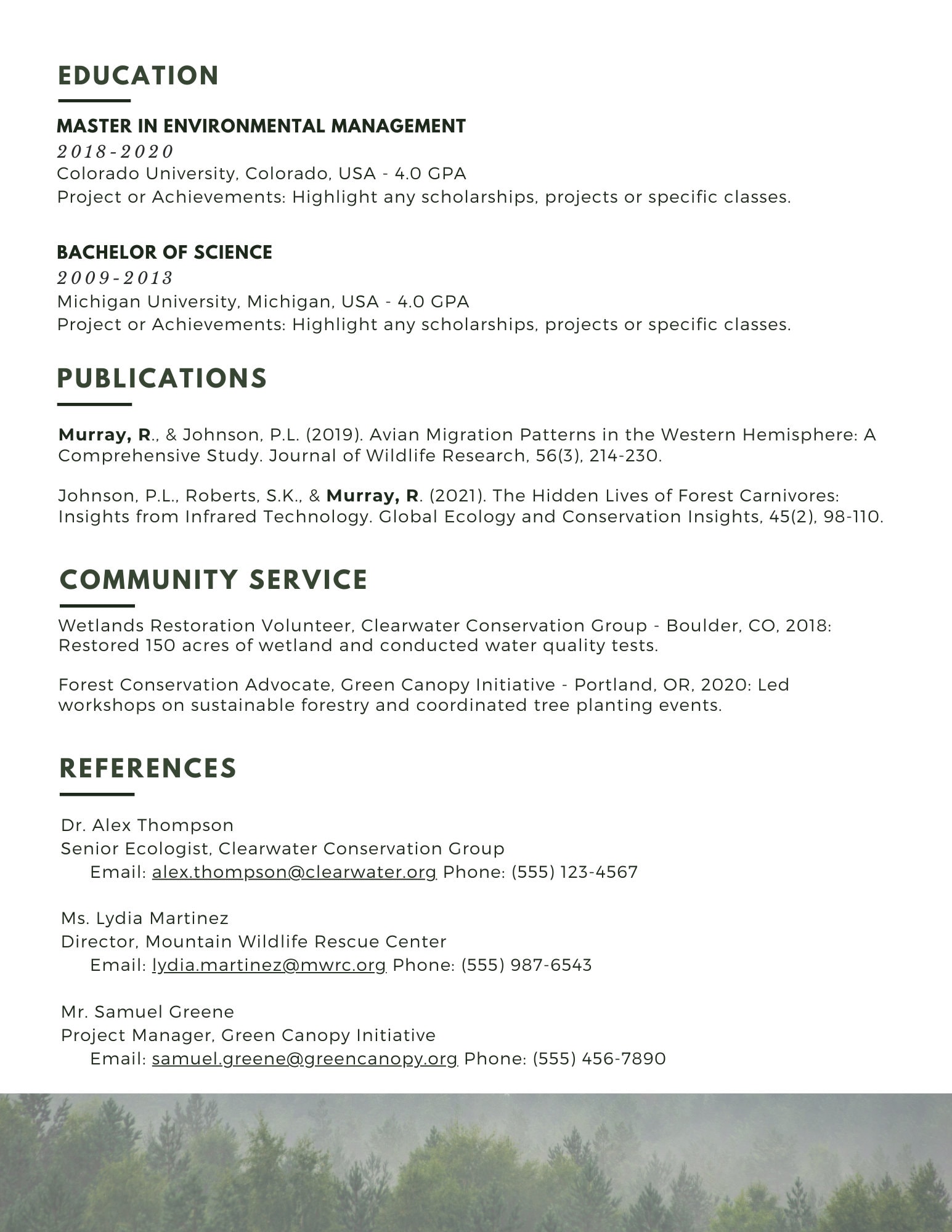 Forest Resume Template in Canva for Conservation Outdoor and