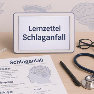 May include: A tablet displays the text "Lernzettel Schlaganfall" next to a medical document with the same title. A stethoscope, pen, glasses, and syringe are also on the table. A brain graphic is visible.