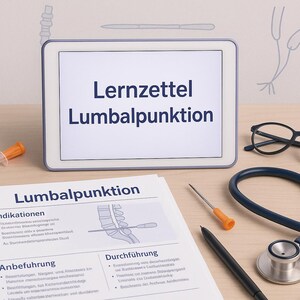 Może przedstawiać: Konfiguracja do badań medycznych z tabletem wyświetlającym "Lernzettel Lumbalpunktion", strzykawką, stetoskopem, okularami i dokumentami medycznymi. Dokumenty i tablet znajdują się na jasnej drewnianej powierzchni.