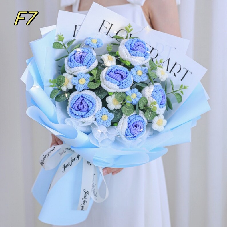 Handgefertigte Häkelblumensträuße, Rosen, Lilien, Nelken und Handblumen, fertige Blumen, Geburtstagsgeschenke, Muttertagsgeschenk F7