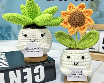 Crochet Positive Sunflowers/Succulent,Cute Office Desk Accessories,Mental Health Gift,Knitted Sunflowers/Cactus,Life Would Succ Without You