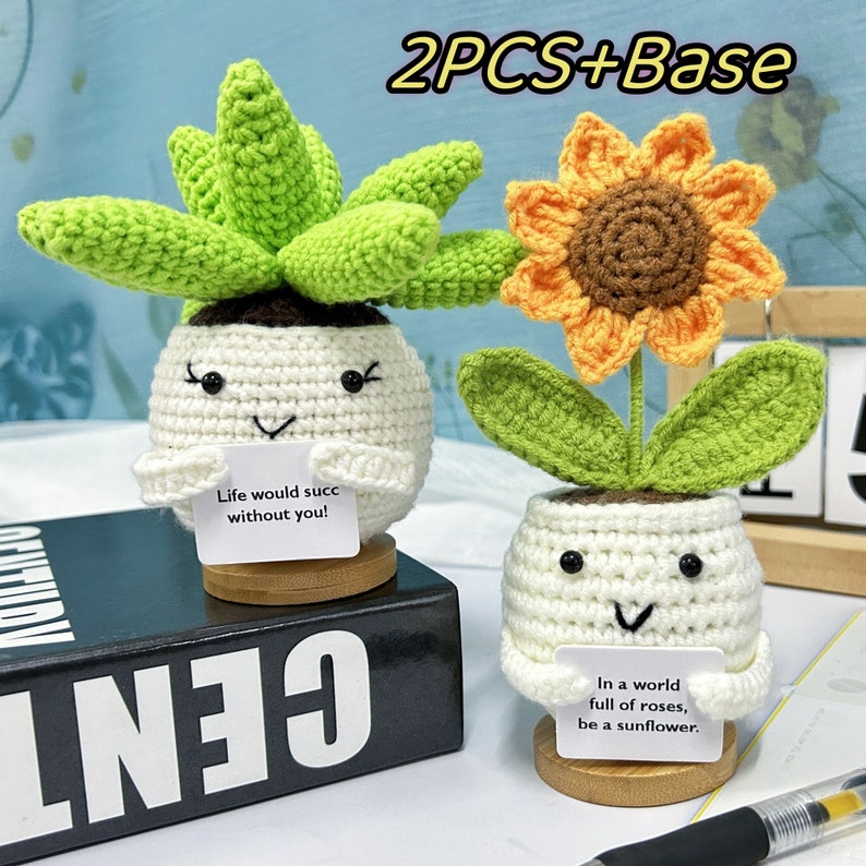 Crochet Positive Sunflowers/Succulent,Cute Office Desk Accessories,Mental Health Gift,Knitted Sunflowers/Cactus,Life Would Succ Without You 2PCS Set+Base