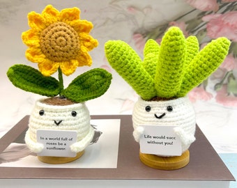 Crochet Positive Sunflowers/Succulent,Cute Office Desk Accessories,Mental Health Gift,Knitted Sunflowers/Cactus,Life Would Succ Without You