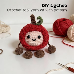May include: A handmade crochet lychee fruit with a smiling face, brown stem, and green leaf. The kit includes red yarn, crochet tools, and the text "DIY Lychee Crochet tool yarn kit with pattern".