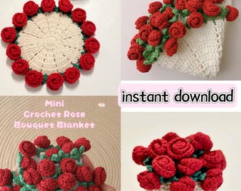 PDF PATTERN ONLY Mini Crochet Blooming Rose Bouquet Coaster Pattern, With Video Tutorial, Floral Coaster Plant Pot, Rose Bouquet Blanket