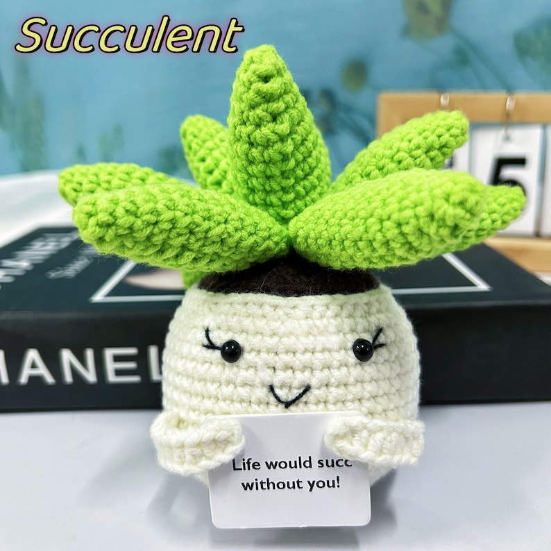 Crochet Positive Sunflowers/Succulent,Cute Office Desk Accessories,Mental Health Gift,Knitted Sunflowers/Cactus,Life Would Succ Without You Fleshiness