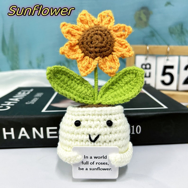 Crochet Positive Sunflowers/Succulent,Cute Office Desk Accessories,Mental Health Gift,Knitted Sunflowers/Cactus,Life Would Succ Without You Sunflowers