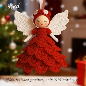 May include: A handmade red crochet angel ornament with white wings and a wooden face. The angel has a red dress and a small hat with white flowers. The text "Red" is in the upper left corner. The text "*Non finished product, only DIY crochet kit" is at the bottom.