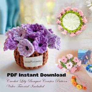 PDF-Muster nur häkeln Mini häkeln Maiglöckchen Blumenstrauß-Untersetzer-Muster, Video-Anleitung enthalten, Blumenuntersetzer-Topf, Maiglöckchen-Blumenstrauß