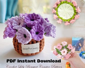 PDF PATTERN ONLY Mini Crochet Lily of the Valley Bouquet Coaster Pattern,Video Tutorial Included,Floral Coaster Pot,Lily of Valley Bouquet