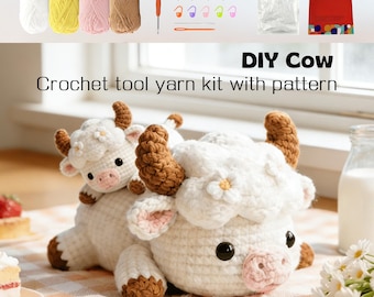 2-in-1 DIY Cow Crochet Kit, Yarn Parent Child Cow, Handmade Gifts With Tutorial Pattern