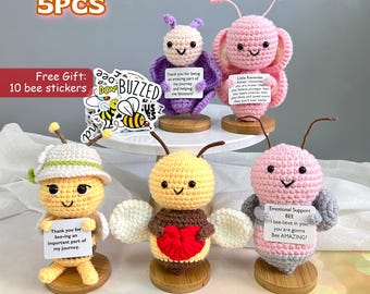 Cute Crochet Bees, Crochet Butterfly Gift, Bees Holding Red Hearts, The Best Gift For Teachers, Emotional Support, Bee Stickers
