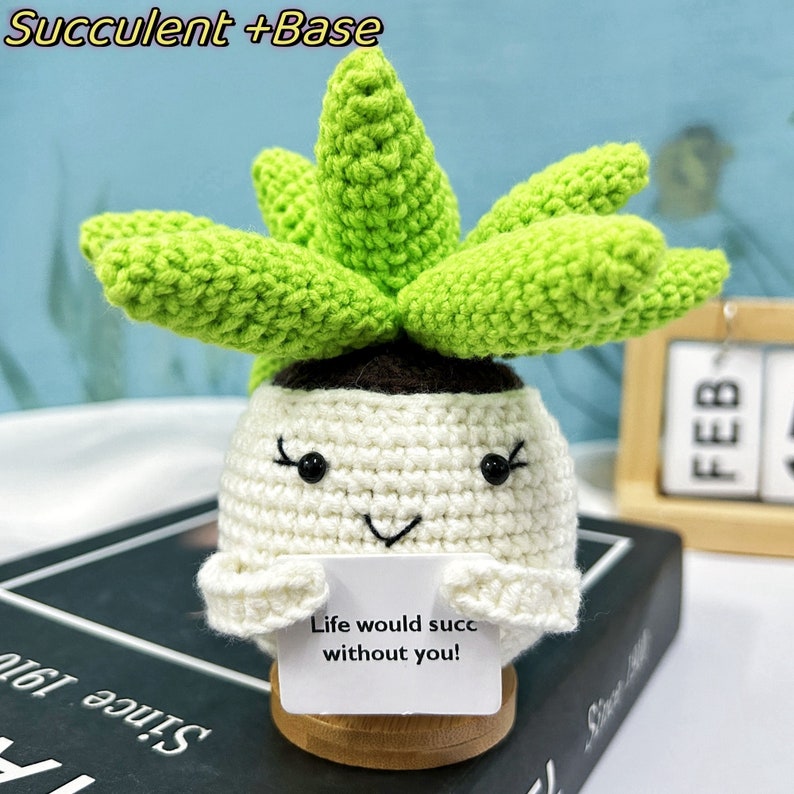 Crochet Positive Sunflowers/Succulent,Cute Office Desk Accessories,Mental Health Gift,Knitted Sunflowers/Cactus,Life Would Succ Without You Fleshiness+Base
