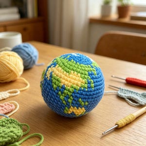 May include: A spherical crochet globe featuring blue oceans and yellow and green landmasses. The item is crafted with visible yarn stitches, displaying a textured surface. Nearby are various yarn balls in yellow and blue, along with crochet hooks.