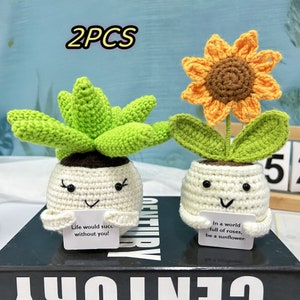 Crochet Positive Sunflowers/Succulent,Cute Office Desk Accessories,Mental Health Gift,Knitted Sunflowers/Cactus,Life Would Succ Without You 2PCS Set