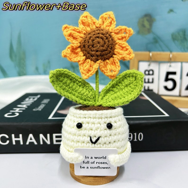 Crochet Positive Sunflowers/Succulent,Cute Office Desk Accessories,Mental Health Gift,Knitted Sunflowers/Cactus,Life Would Succ Without You Sunflowers+Base