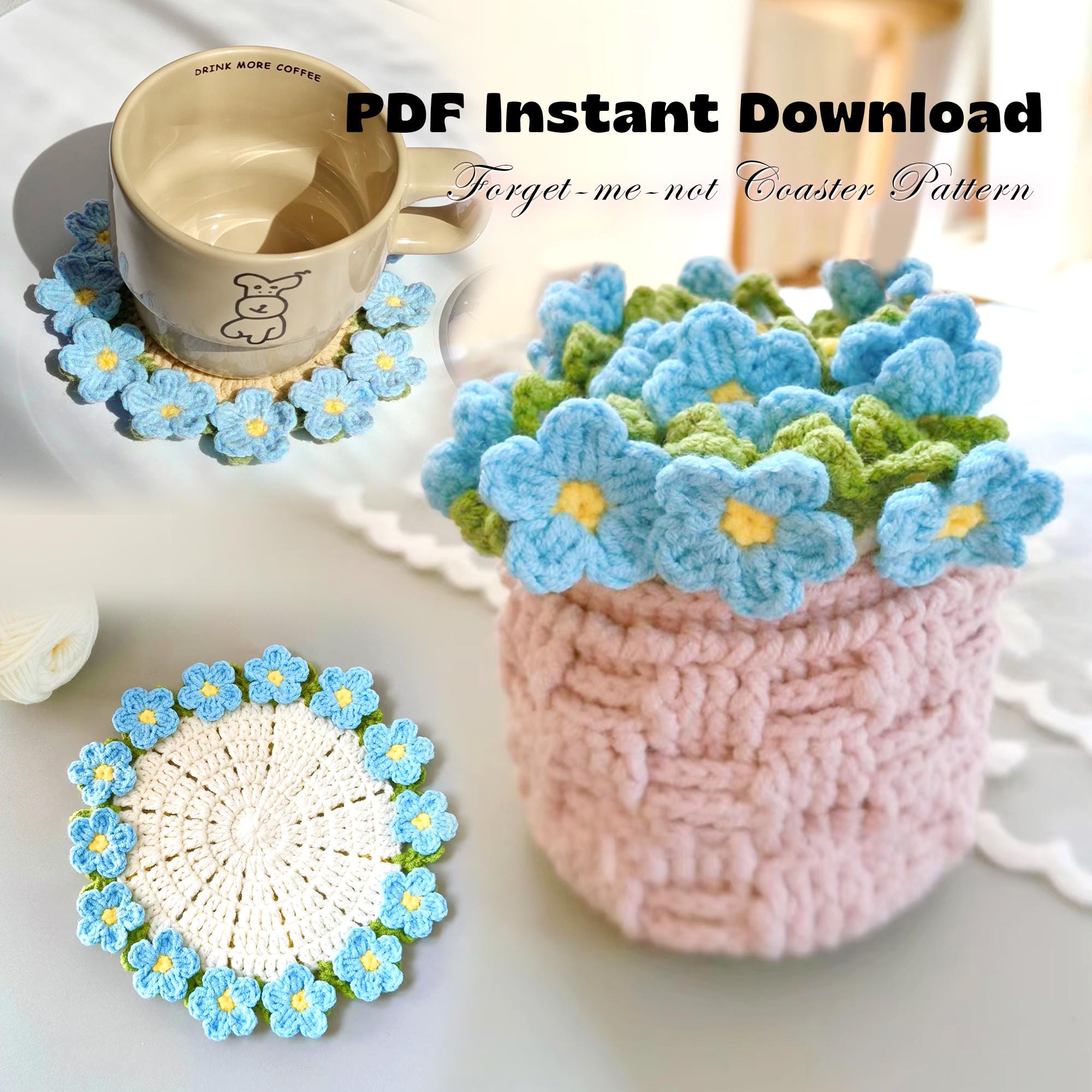 PDF PATTERN ONLY Mini Crochet Forget-me-not Bouquet Coaster Pattern, Floral Coaster Plant Pot, Crochet Blanket, Video Tutorial Included