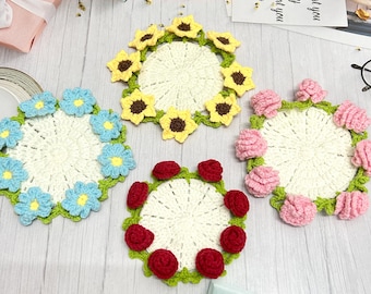 PDF PATTERN ONLY  Crochet Coaster With Pot Pattern 4 in 1, Rose, Sunflower, Forget me not, Carnation, Video Tutorial Included