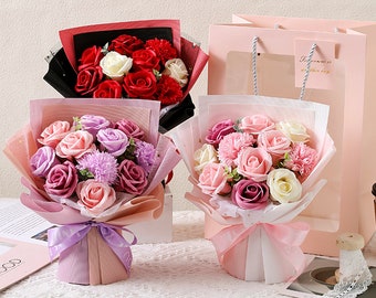 Ramo de rosas de jabón, ramo de claveles de jabón, flor artificial, regalo de graduación, regalo para ella, regalos de inauguración de casa, decoración floral