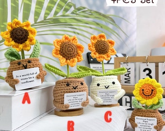 4Different Styles Crochet Sunflower Pot With Positive Quote,Handmade Crochet Smiling Sunflower,Emotional Support Sunflower Gift,Gift for Her