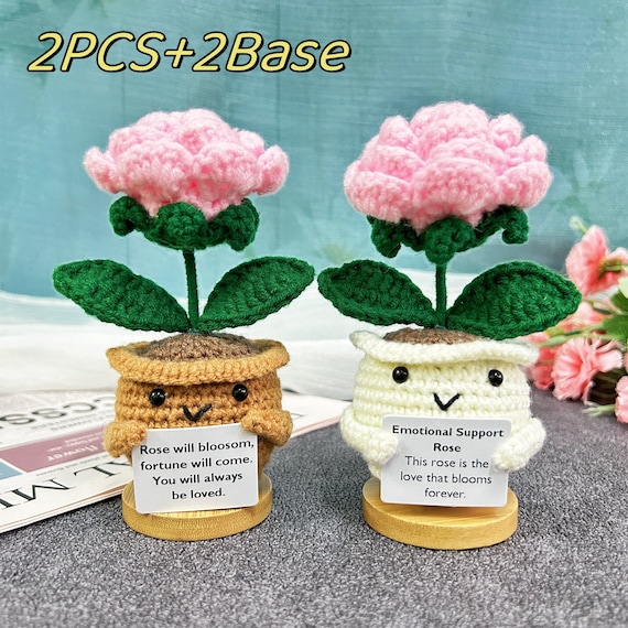 ハンドメイド あみぐるみ ピンクバラの鉢植え 手作りかぎ針編みの