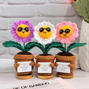 May include: Three crocheted flower pot decorations with smiling faces and sunglasses. Each pot has a sign that reads "Emotional Support Plant Life can be tough sometimes, but remember so are you!"
