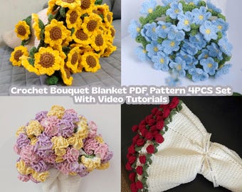 PDF PATTERN ONLY  Crochet Blooming Bouquet Blanket Pattern 4 in 1, Rose, Sunflower, Forget me not, Carnation, Video Tutorial Included