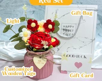 Customizable Handmade Crochet Rose Flower Pot – A Perfect Mother’s Day Gift and Desk Decoration