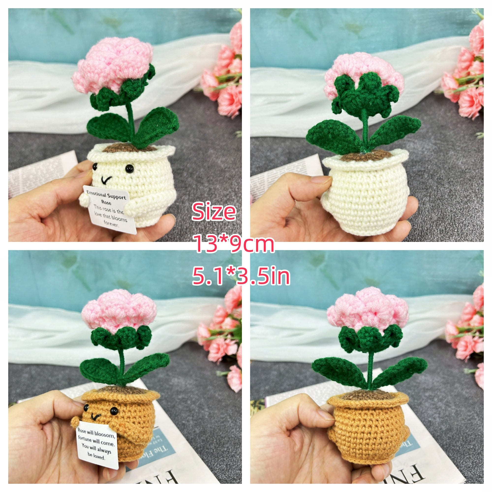 手作りかぎ針編みのピンクのバラの鉢植え：心の支え、バレンタインデー