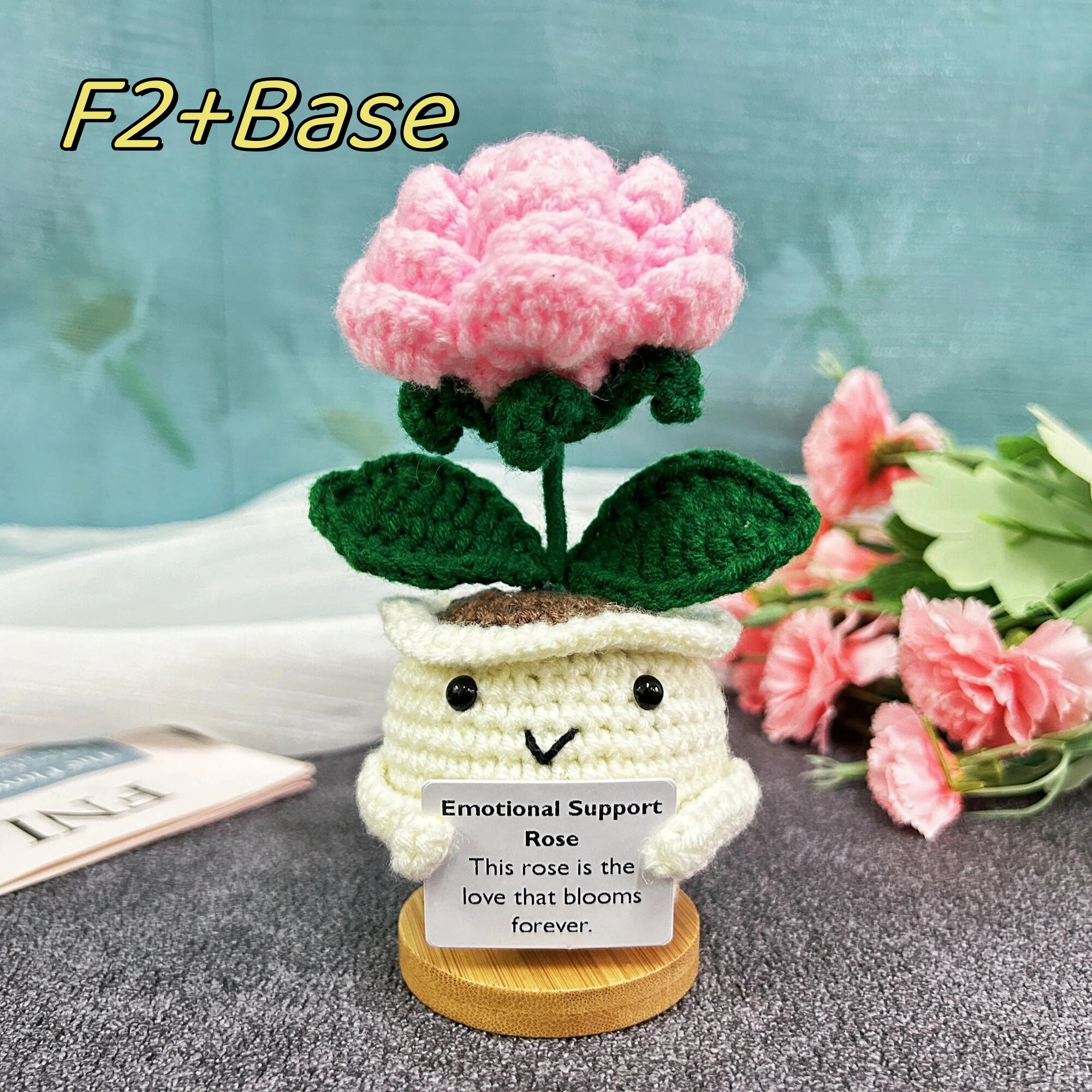 手作りかぎ針編みのピンクのバラの鉢植え：心の支え、バレンタインデー