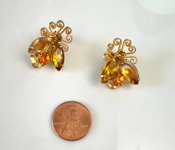 Vintage Fly Clip-on Earrings, Orange and Yellow R… - image 2