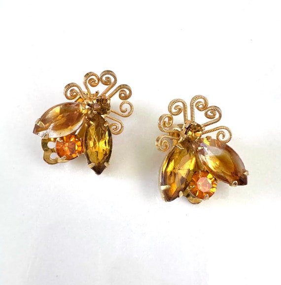 Vintage Fly Clip-on Earrings, Orange and Yellow R… - image 1