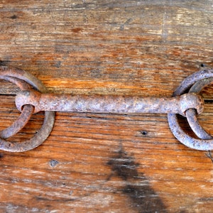 May include: A rusty metal horse bit featuring a central textured bar connected to two circular rings on each side. The iron surface shows significant oxidation with a dark brown, weathered patina throughout the entire structure of the object.