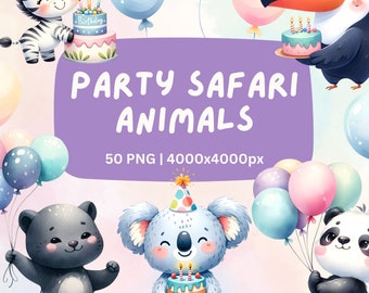 Safari Birthday Animals PNG Bundle - Akwarela Cute Jungle Party Clipart, Baby Shower i dekoracje zwierząt na przyjęcie urodzinowe