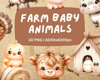 May include: A set of 30 digital illustrations of cute baby farm animals, including a pig, a donkey, a chick, a cow, a turkey, and a scarecrow. The illustrations are in a cartoon style and are perfect for use in digital scrapbooking, card making, and other craft projects.