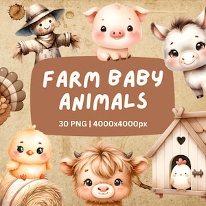 Farm Baby Animals PNG Bundle Clipart - Lindo y dulce acuarela animales de granja Clipart para vivero y arte de pared