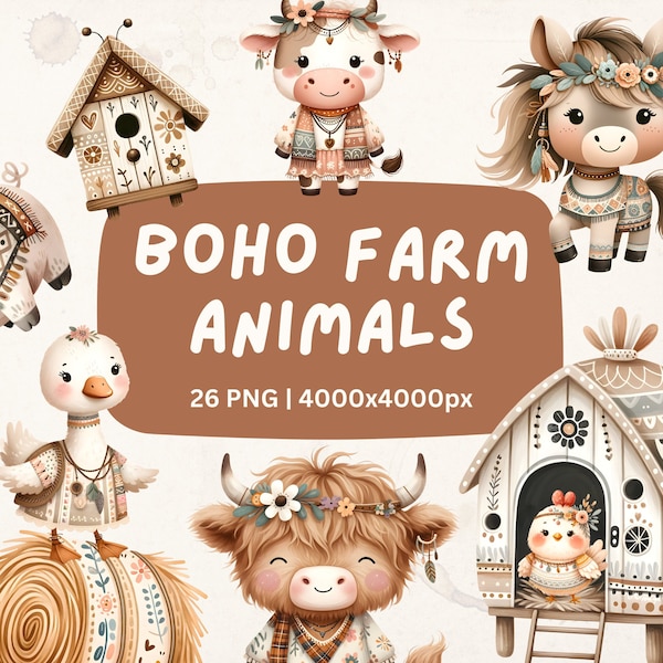 Boho Farm Animal PNG Bundle Clipart - Cute and Sweet Whimsy Watercolor Baby Farm Animals Clipart for Nursery and Wall Art