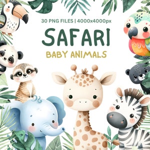 Paquete Safari Baby Animals PNG - Acuarela Linda Selva Clipart, Baby Shower y Guardería Decoración Animal Transparente